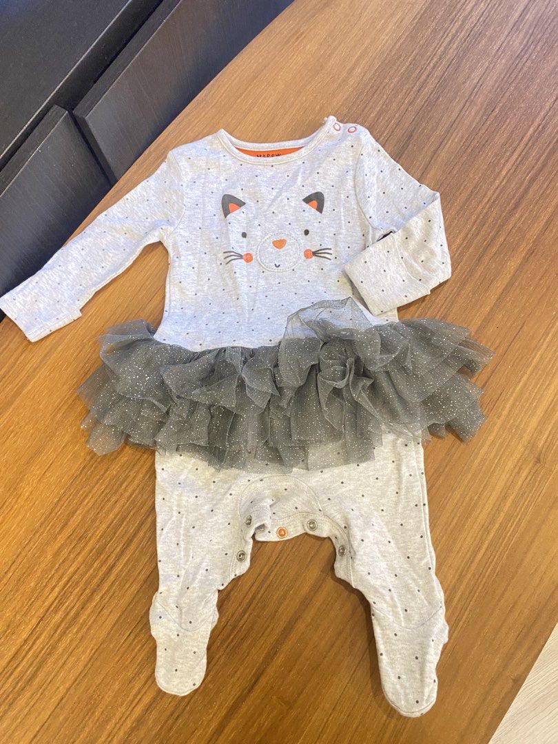Baby costume Bundle (Category: Babies & Kids Fashion) located in Santa Rosa. Submitted by hoardqueensdeclutter (Listing ID 1470734199, Image 1). Description: Two adorable baby girl rompers with built-in tutu skirts. First one is grey with a cute cat face, black polka dots, and a grey tutu. Second one is white with red polka dots, a cute Christmas bird graphic reading 'Seasons tweetings', a red tutu, and red-and-white striped footed bottoms. Both 