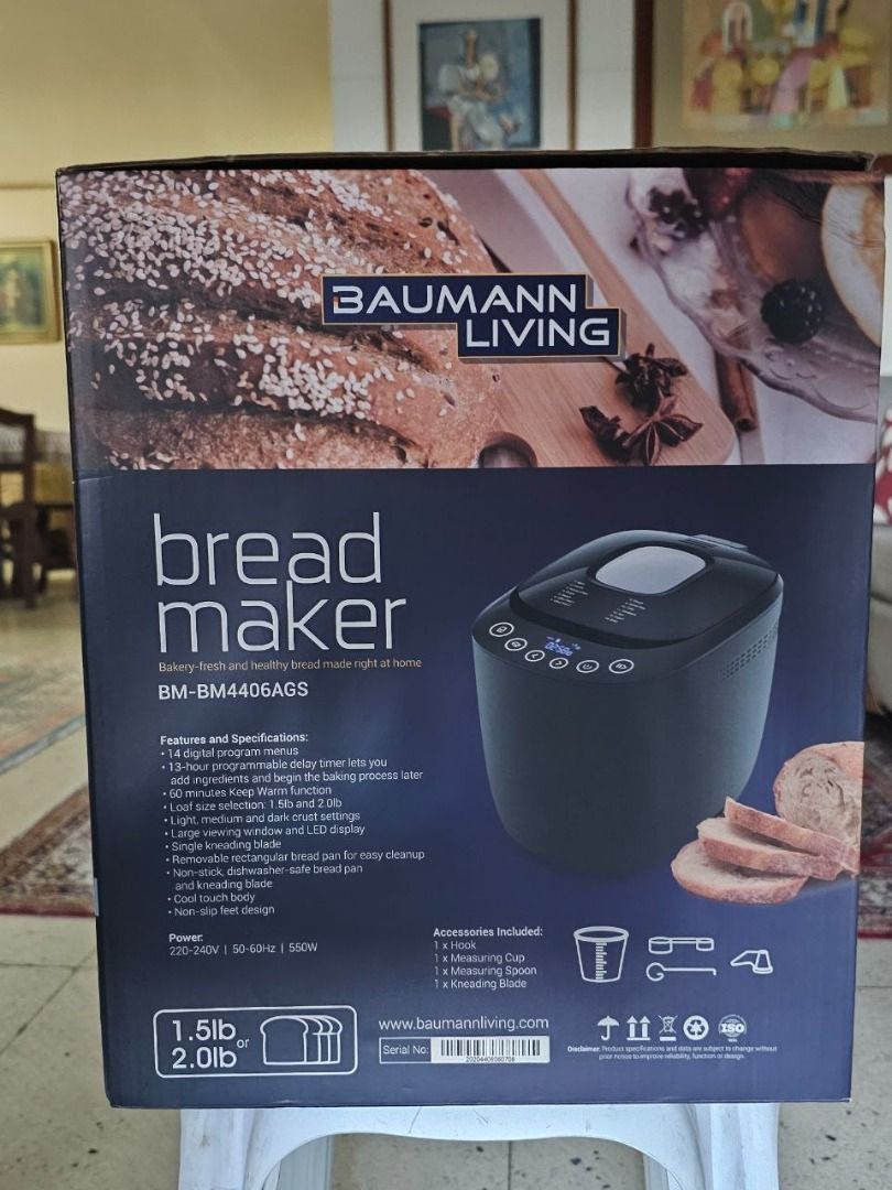 Baumann Living Bread Maker (Model BM-4406S / Digital Bread Maker) (Category: Breadmakers) located in Marikina City. Submitted by shoppobangpo (Listing ID 1470610469, Image 1). Description: Baumann Living Bread Maker (Model BM-4406S / Digital Bread Maker) Key Specifications & Features Capacity: 2 lbs loaf capacity Program Menus: 14 digital program settings (for white, whole wheat, French, gluten-free, cake, and more) Browning Controls: Adjustable 