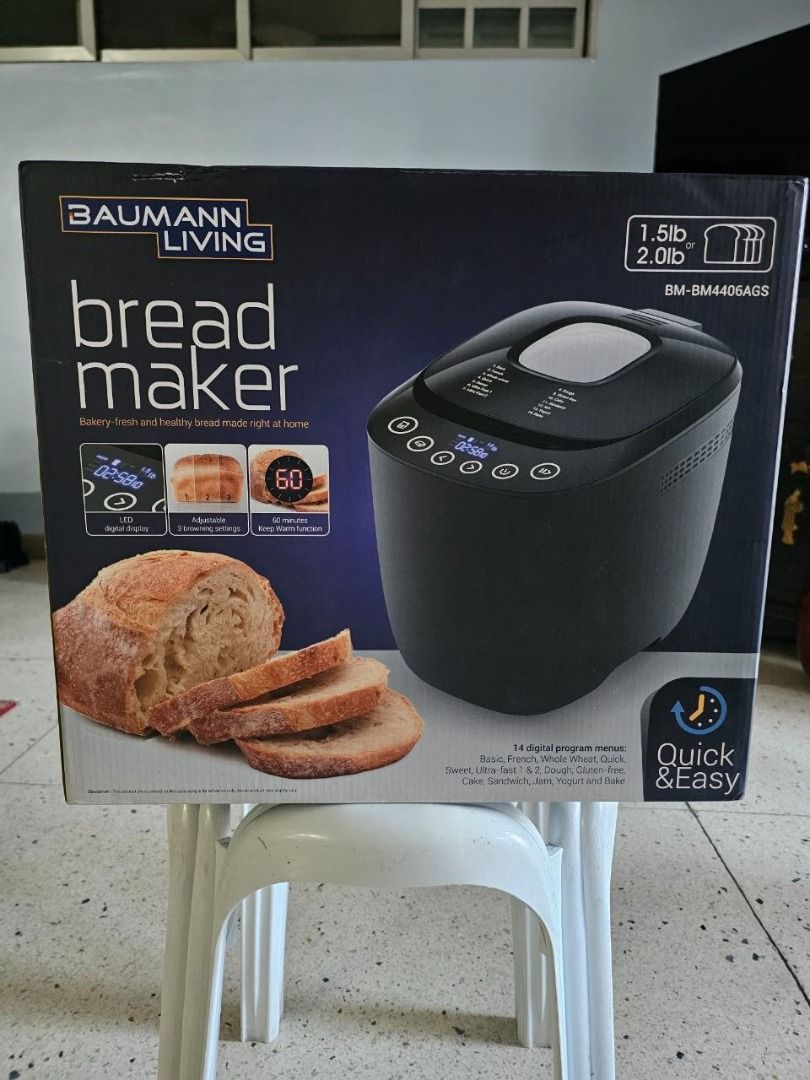 Baumann Living Bread Maker (Model BM-4406S / Digital Bread Maker) (Category: Breadmakers) located in Marikina City. Submitted by shoppobangpo (Listing ID 1470610469, Image 2). Description: Baumann Living Bread Maker (Model BM-4406S / Digital Bread Maker) Key Specifications & Features Capacity: 2 lbs loaf capacity Program Menus: 14 digital program settings (for white, whole wheat, French, gluten-free, cake, and more) Browning Controls: Adjustable 