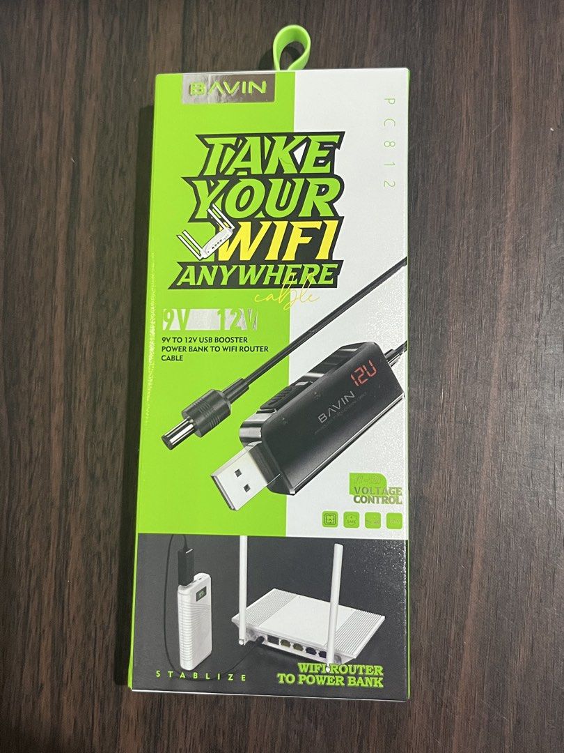 BAVIN Powerbank to Wifi Router (Category: Cables & Adaptors) located in Quezon City. Submitted by declutter1111 (Listing ID 1470592208, Image 1). Description: - Brand: BAVIN PC812 Power Cable - Condition: Unused and neat, comes with original retail box - Function: Boosts USB power from 9V to 12V - Perfect for: Keeping WiFi routers, light cats, and network switches online during power outages, work from home - Compatibility: Works with various 12V