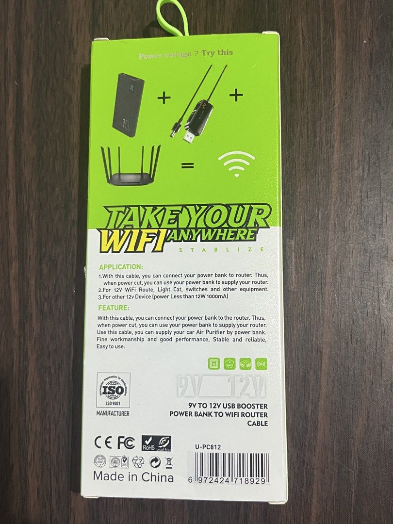 BAVIN Powerbank to Wifi Router (Category: Cables & Adaptors) located in Quezon City. Submitted by declutter1111 (Listing ID 1470592208, Image 2). Description: - Brand: BAVIN PC812 Power Cable - Condition: Unused and neat, comes with original retail box - Function: Boosts USB power from 9V to 12V - Perfect for: Keeping WiFi routers, light cats, and network switches online during power outages, work from home - Compatibility: Works with various 12V