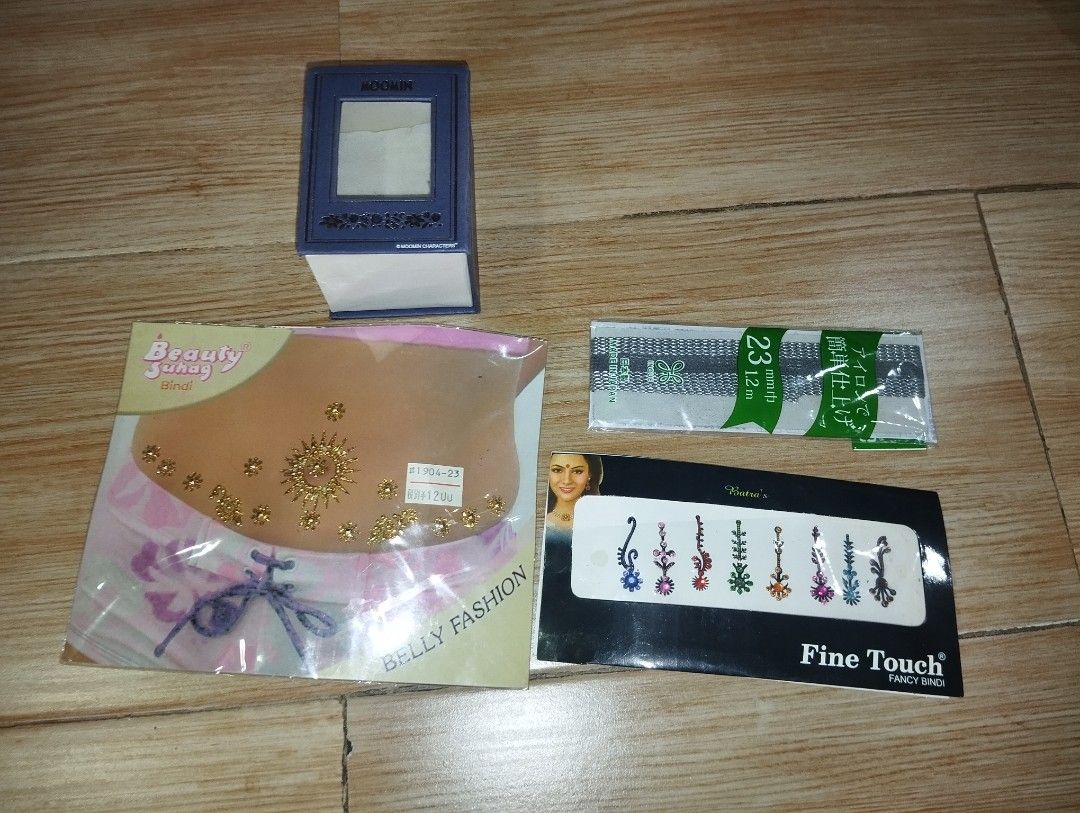 Beauty Suhag Bindi and Fine Touch Bindi Sets (Category: Makeup) located in Pasig City. Submitted by cityshopperph (Listing ID 1470599032, Image 1). Description: - Brand new, unopened, and unused decorative stickers and bindis - Includes Beauty Suhag belly fashion bindi - Includes Batra's Fine Touch multi-colored stone bindi pack - Includes a blue bajubandh arm sticker - Includes an Inque iron-on tape strip - Ideal for parties, traditional events,