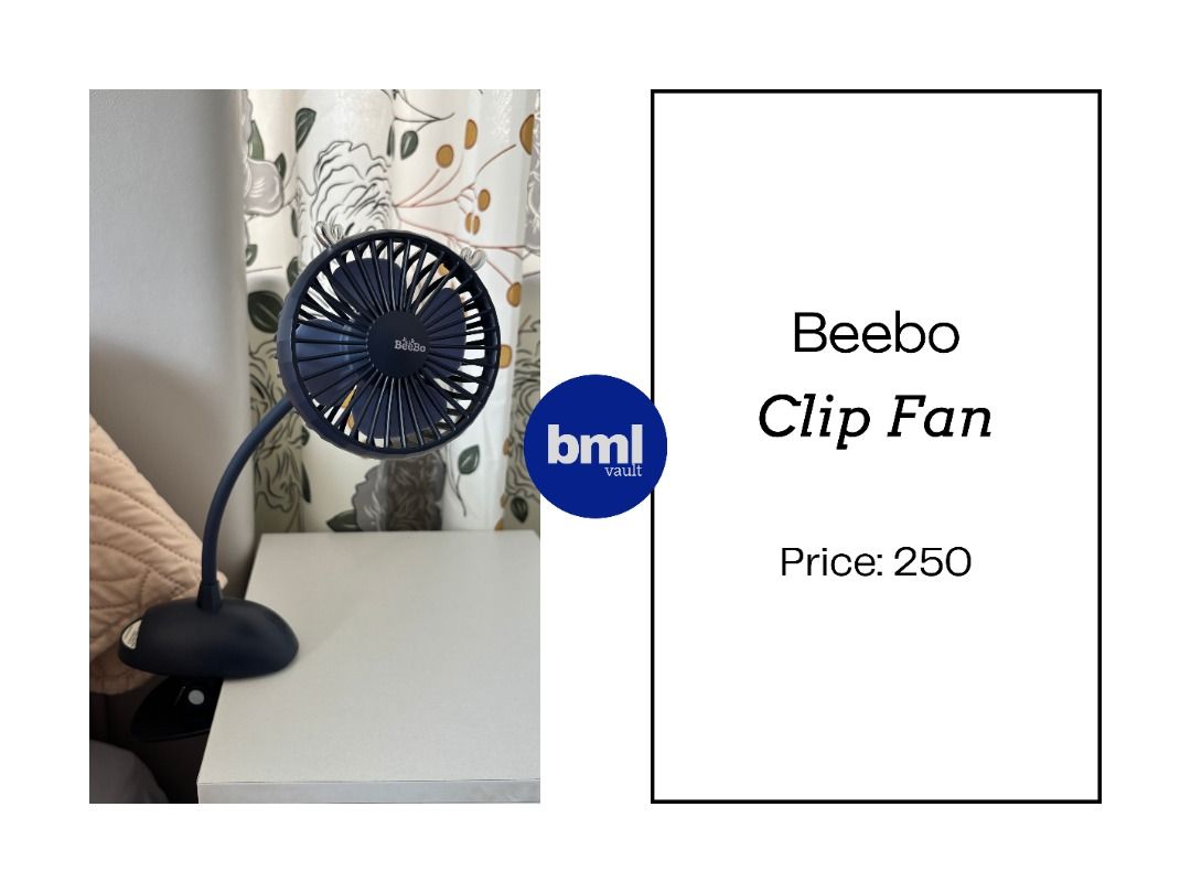 Beebo Clip Fan | BML Vault Philippines (Category: Fans) located in Cebu City. Submitted by bml_vault (Listing ID 1470581795, Image 1). Description: - Color: Dark Navy Blue - Flexible gooseneck directs airflow easily - Strong clip secures to desks, bedframes, and tables - Compact size saves valuable space - Ideal for dorm rooms, offices, and small areas.