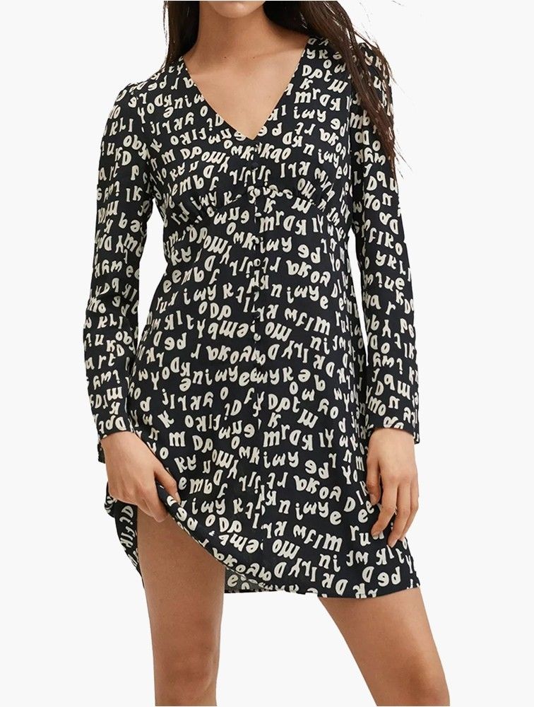 Mango Black and white letters mini dress (Category: Dresses) located in Marikina City. Submitted by dclicious2.0 (Listing ID 1470664224, Image 2). Description: Mango "Kaia" Letter Print Mini Dress • Design: Features an all-over typographic alphabet/letter print in a monochrome black and white colorway. • Silhouette: Tailored with a flattering V-neckline, long puffed/balloon sleeves, and an elastic pleated waist detail providing a fit-and-flare lo