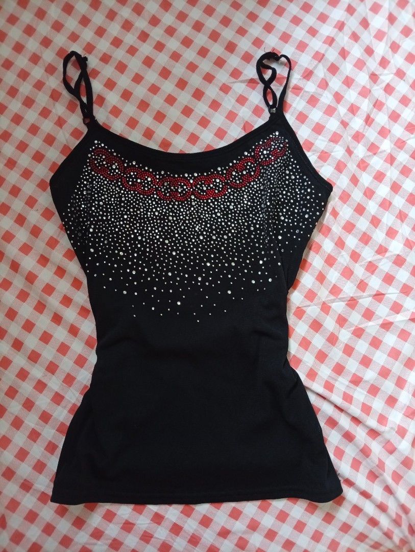 Black camisole with rhinestone and red beaded pattern (Category: Sleeveless) located in Paranaque City. Submitted by aaegmrrt (Listing ID 1470565474, Image 1). Description: - Color: Black - Style: Fitted camisole top with spaghetti straps - Details: Scattered rhinestones on the upper front - stretchy - cute for alt fashion.