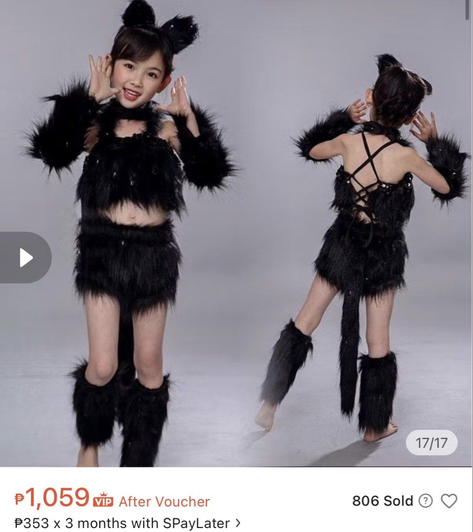 Black Cat Costume (Category: Babies & Kids Fashion) located in Manila. Submitted by ilove2ndhand02 (Listing ID 1470649405, Image 2). Description: - Complete set fluffy black cat costume set for kids (stockings not included) - Includes fuzzy crop top with trendy criss-cross back, matching shorts, and attached tail - Accessories included: cat ears headband, arm cuffs, and leg warmers - Made from ultra-soft and comfortable faux fur material - Perfec