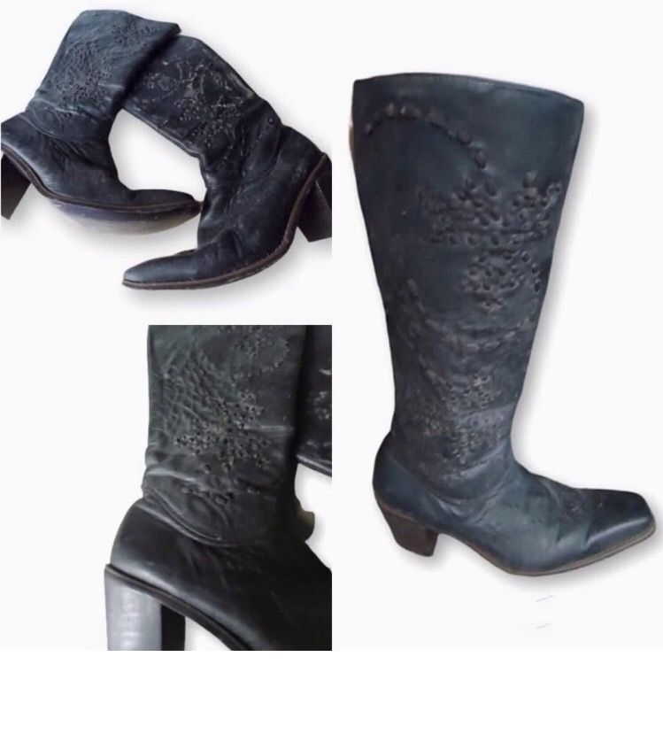 BLACK LEATHER TALL BOOTS US 5.5 6 (Category: Boots) located in Marikina City. Submitted by minimalistmanila (Listing ID 1470579195, Image 3). Description: Imported black Italy leather knee-high boots with semi square pointed toe and block heel. Features stitches detailing. Adds edge to any outfit. -Fits US 5.5 to 6. Order now! *Barely used. Needs cleaning and leather conditioner as kept in storage. .