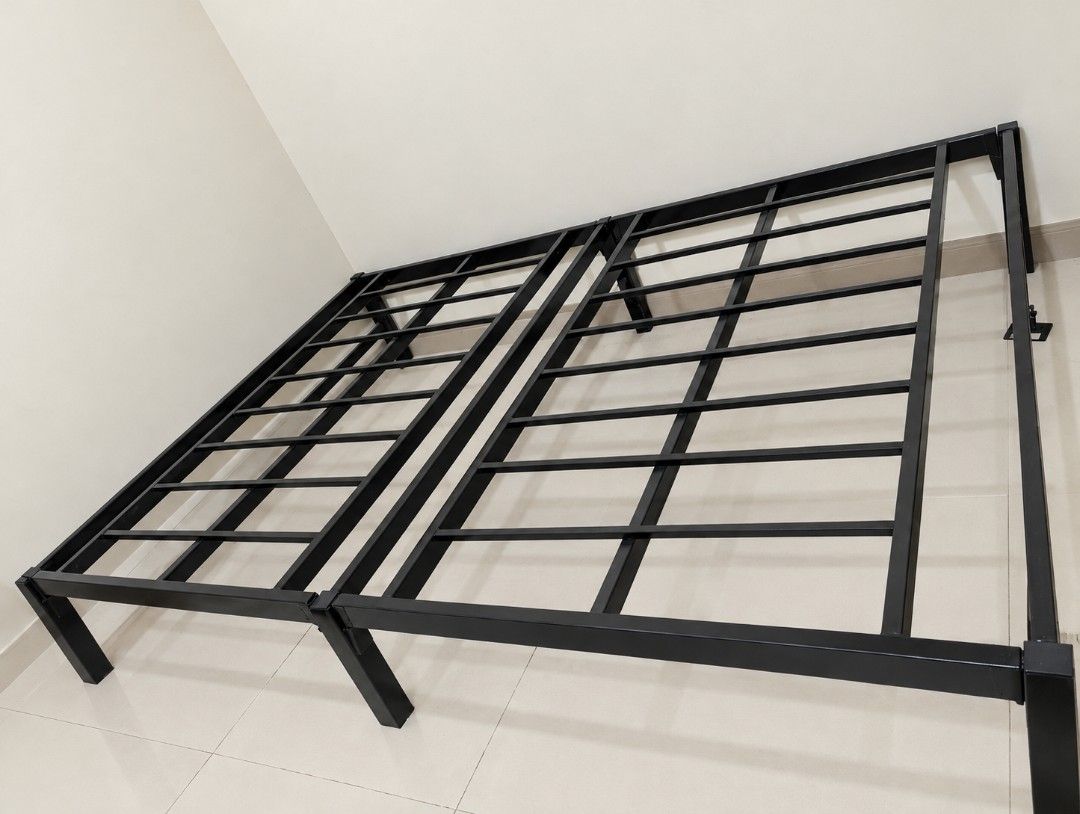 Black Metal Bed Frame Platform Slats (Category: Bed Frames & Mattresses) located in Manila. Submitted by binabanana93527 (Listing ID 1470689293, Image 1). Description: - Black metal bed frame with a strong slatted base - Full/Double 54x75 - Already dismantled and ready for quick transport - Simple bolt-together design for easy assembly - Minor paint scuffs and scratches on edges from storage (does not affect structural strength) - Perfect, budget