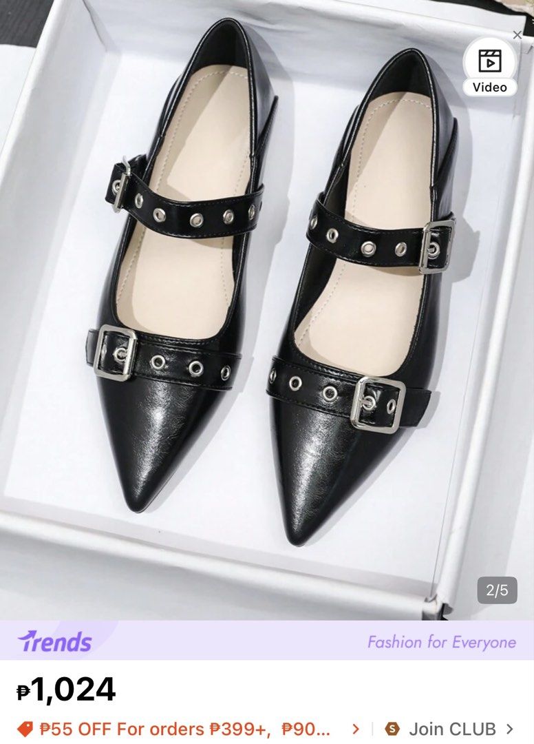 Black Pointed Toe Grommet Buckle Flats (Category: Flats & Sandals) located in Dasmarinas. Submitted by ryedselling (Listing ID 1470621531, Image 2). Description: - Color & Finish: Sleek black patent finish - Design: Pointed toes with double straps, metal eyelets, and silver-tone buckles - Heel Type: Comfortable flat heels for all-day wear - Convenience: Easy slip-on and slip-off style - Inclusions: Original box included.
