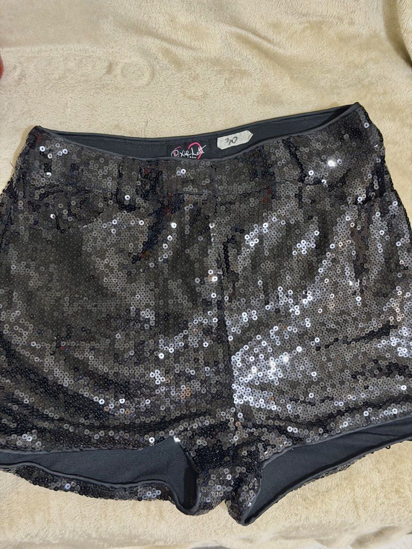 Black Sequin Sparkly Party Shorts (Category: Shorts) located in Manila. Submitted by xoxorml (Listing ID 1470697120, Image 1). Description: - Brand: Pixie Lott - Size: Waist: 30 - Design: Fully covered in black sequins on both front and back - Occasion: Ideal statement piece for parties, clubs, and nights out.