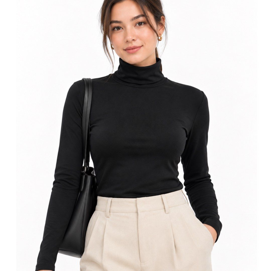 Black Stretchable Turtleneck Long Sleeve Top | Japanese Minimalist Basic | Medium–Semi Large (Category: Longsleeves) located in San Jose del Monte. Submitted by vanessabarredo (Listing ID 1470562076, Image 1). Description: Classic black turtleneck top with a clean, fitted silhouette. A versatile wardrobe essential, perfect for minimalist, Korean, Japanese, and Copenhagen-inspired styling. * Condition: Excellent * Color: Black * Fabric: 65% Polyes