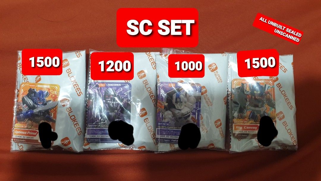 BLOKEES TRANSFORMERS SC SET (Category: Raw Singles) located in Makati City. Submitted by CHUMMYSAGE (Listing ID 1470712413, Image 1). Description: BLOKEES TRANSFORMERS SC SET SC PRIMAL - 1500 SC BIG CONVOY - 1500 SC BW-MEGATRON - 1200 SC JETFIRE - 1000 ALL UNBUILT SEALED UNSCANNED. TAKE ALL FOR 5500 ONLY SHIPPING AT BUYER'S EXEPENSE.
