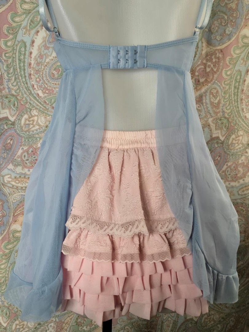 Blue embroidered mesh babydoll (Category: Undergarments & Loungewear) located in Dagupan City. Submitted by chislocker14 (Listing ID 1470598385, Image 3). Description: - Light blue sheer mesh babydoll slip - Pink & blue floral embroidery on the bodice - Adorable light blue bows on the straps and center chest - Secure hook-and-eye closure in the back - Includes matching pink ruffled lace shorts - Super dainty, comfy, and romantic style.