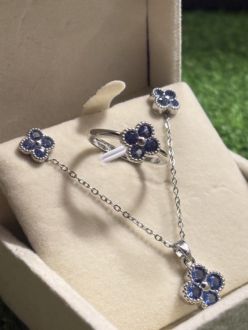 💙❤️Blue ruby set earrings, ring & necklace (Category: Necklaces) located in Davao. Submitted by ememlou17 (Listing ID 1470575461, Image 3). Description: 💙❤️Blue Ruby set earrings, ring & necklace gemstone. Ring size 7 adjustable Necklace size 16-18inches Markings au750 Uv reactive Rodium/ Platinum over copper based metal Tarnish resistant with extra care Message me directly📩.