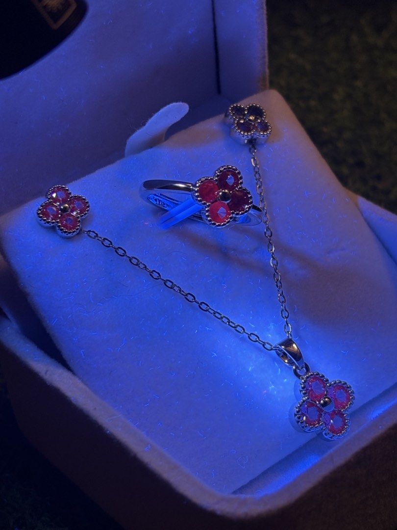 💙❤️Blue ruby set earrings, ring & necklace (Category: Necklaces) located in Davao. Submitted by ememlou17 (Listing ID 1470575461, Image 2). Description: 💙❤️Blue Ruby set earrings, ring & necklace gemstone. Ring size 7 adjustable Necklace size 16-18inches Markings au750 Uv reactive Rodium/ Platinum over copper based metal Tarnish resistant with extra care Message me directly📩.