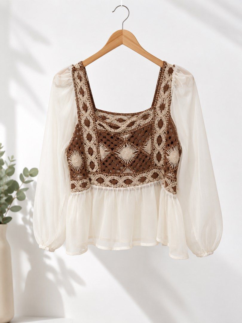 Boho Crochet & Sheer Sleeve Blouse (Category: Blouses) located in Dasmarinas. Submitted by maia00013 (Listing ID 1470604929, Image 1). Description: • Brown crochet-style bodice with intricate cream details • Sheer ivory puff sleeves • Square neckline with a flowy peplum hem • Romantic boho / cottagecore aesthetic ✨ 📍 Loc: Dasmariñas, Cavite RFS: Decluttering 📸 When-worn photos available upon request 🚚 DF (delivery fee) care of buyer Message me