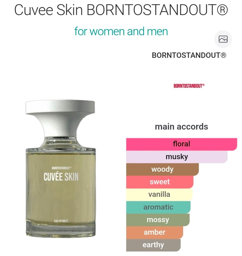Born To Stand Out Cuvée Skin Eau Intimate (Category: Fragrance & Deodorants) located in Makati City. Submitted by declutternow_85 (Listing ID 1470563439, Image 2). Description: - Gender: Unisex (slightly feminine leaning) - Scent Profile: Floral, musky, woody, sweet, vanilla, aromatic, mossy, amber, and earthy 📍Makati.
