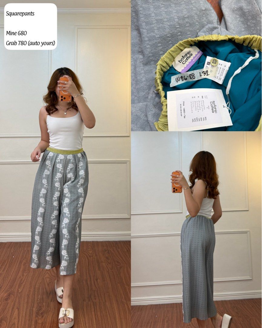 Botanic Coffee Grey Patterned Wide Leg Pants W26-28 L32 (Category: Jeans) located in Manila. Submitted by angelll0123 (Listing ID 1470708253, Image 1). Description: - Brand: Botanic Coffee - Condition: Brand new with original price tags attached - Design: Grey wide leg pants with white floral pattern on the sides - Waistband: Yellowish green elastic waistband with an adjustable drawstring - Fit & Material: Lightweight, very flowy, and comfortable
