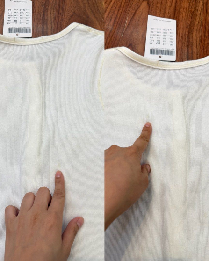 Brandy Melville White Ribbed Button Tank Top (Category: Sleeveless) located in Manila. Submitted by angelll0123 (Listing ID 1470699503, Image 2). Description: - Brand: Brandy Melville - Color: White - Style: Ribbed tank top with scoop neckline and front button placket - Material: Soft, comfortable cotton - Size: Fits like S-M - Condition: Brand new with original tags attached; has a very faint, minor stain near the bottom back that should easily 