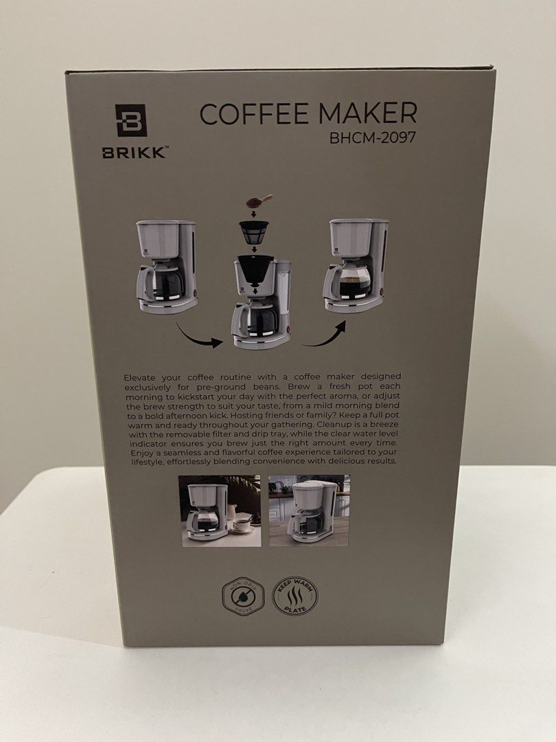 Brikk Coffee Maker BHCM-2097 (Category: Coffee Machines & Makers) located in Quezon City. Submitted by bravehorse_f1f6d5 (Listing ID 1470711802, Image 3). Description: - Brand: Brikk Coffee Maker - Model: BHCM-2097 - Condition: Brand new, unopened box, packaging untouched - Glass carafe with a heat-resistant handle - Keep-warm plate function to keep your coffee hot - Non-drip valve to prevent mess - Visible water level indicator on the side - Eas