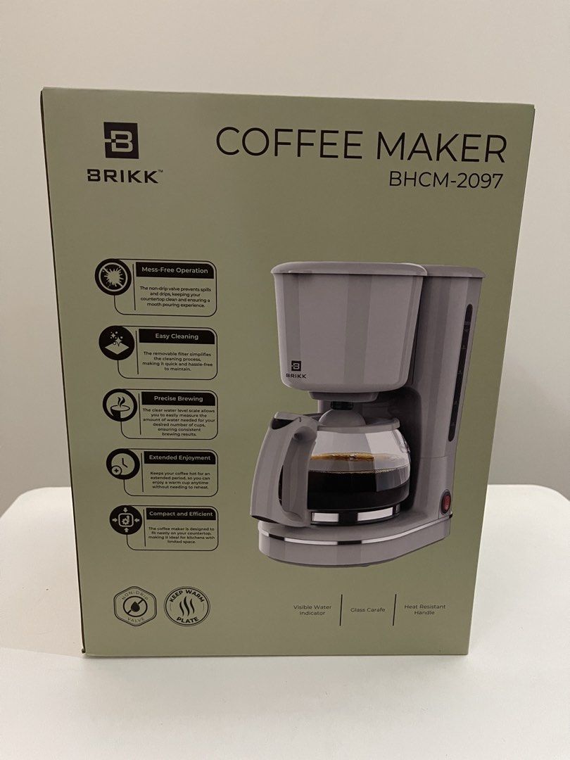 Brikk Coffee Maker BHCM-2097 (Category: Coffee Machines & Makers) located in Quezon City. Submitted by bravehorse_f1f6d5 (Listing ID 1470711802, Image 2). Description: - Brand: Brikk Coffee Maker - Model: BHCM-2097 - Condition: Brand new, unopened box, packaging untouched - Glass carafe with a heat-resistant handle - Keep-warm plate function to keep your coffee hot - Non-drip valve to prevent mess - Visible water level indicator on the side - Eas