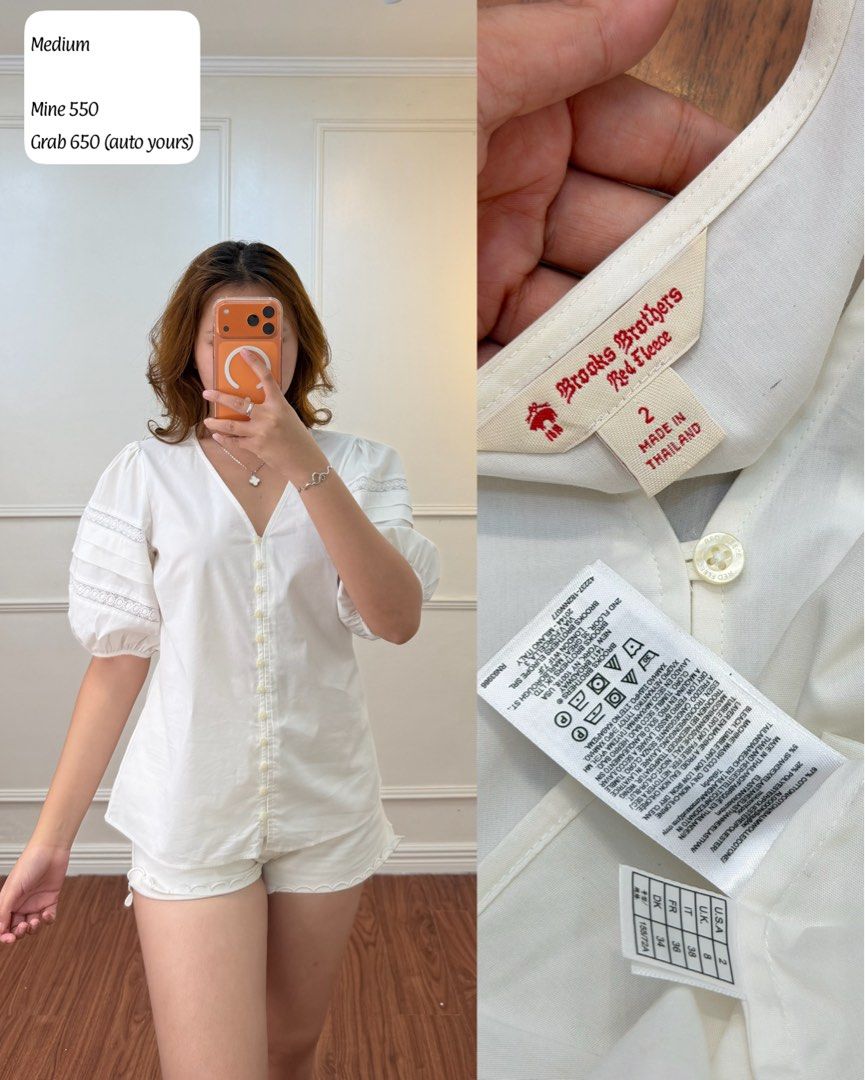 Brooks Brothers Red Fleece White Button-Front Blouse Size 2 (Category: Blouses) located in Manila. Submitted by angelll0123 (Listing ID 1470699492, Image 1). Description: - Brand: Brooks Brothers Red Fleece - Size: 2 - Color: Classic White - Material: Cotton, polyester, and spandex blend (lightweight & slightly stretchy) - Design: V-neckline, short puff sleeves, detailed lace trim, and full button-down front - Fit: Relaxed and easy to match with 