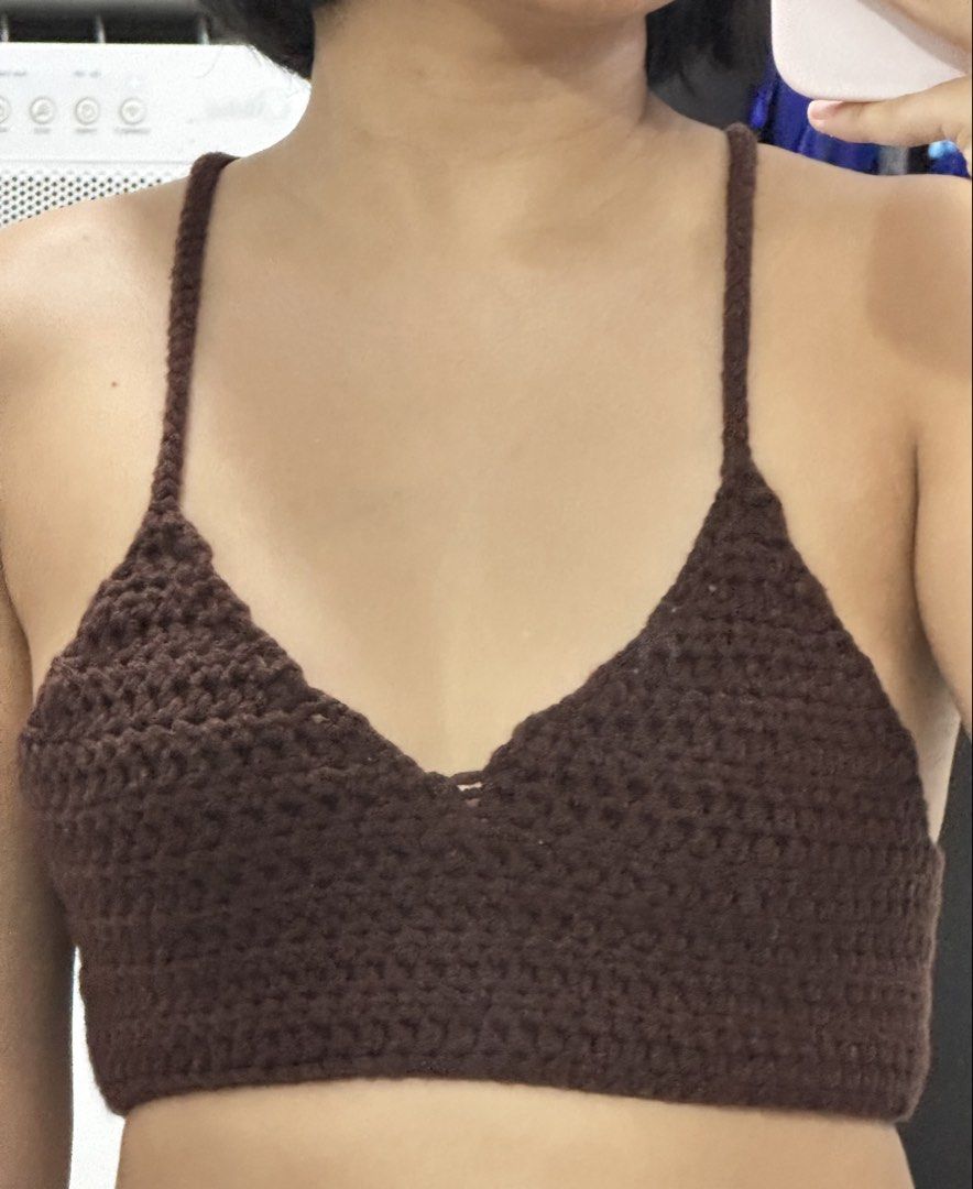 Brown Crochet Lace-up Back Crop Top (Category: Sleeveless) located in Las Pinas. Submitted by __aqdclttrs (Listing ID 1470624798, Image 1). Description: - Color: Brown - Design: V-neckline with thin shoulder straps - Back: Adjustable lace-up tie closure - Fit: Snug crop top fit - Condition: Brand new. Perfect for xs frames.