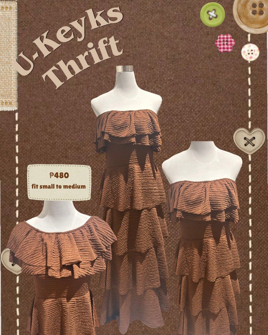 Brown Ruffled Layered Dress (Category: Dresses) located in Cavite. Submitted by ukeyks (Listing ID 1470669578, Image 1). Description: - Style: Strapless tube dress with all-over textured fabric - Design: Multiple stylish ruffled layers down the body - Size: Best fits Small to Medium frames .