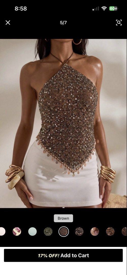 Brown Sequin Halter Top With Shell Fringe (Category: Sleeveless) located in Manila. Submitted by ayeka.finds (Listing ID 1470678588, Image 1). Description: - Brown mesh halter top covered in sparkly sequins - Trendy pointed hemline with dangling seashells and metallic disks - Adjustable neck and lower back tie closures for a custom fit - Sexy open-back design made from lightweight knit material - Ideal for beach vacations, music festivals, and su