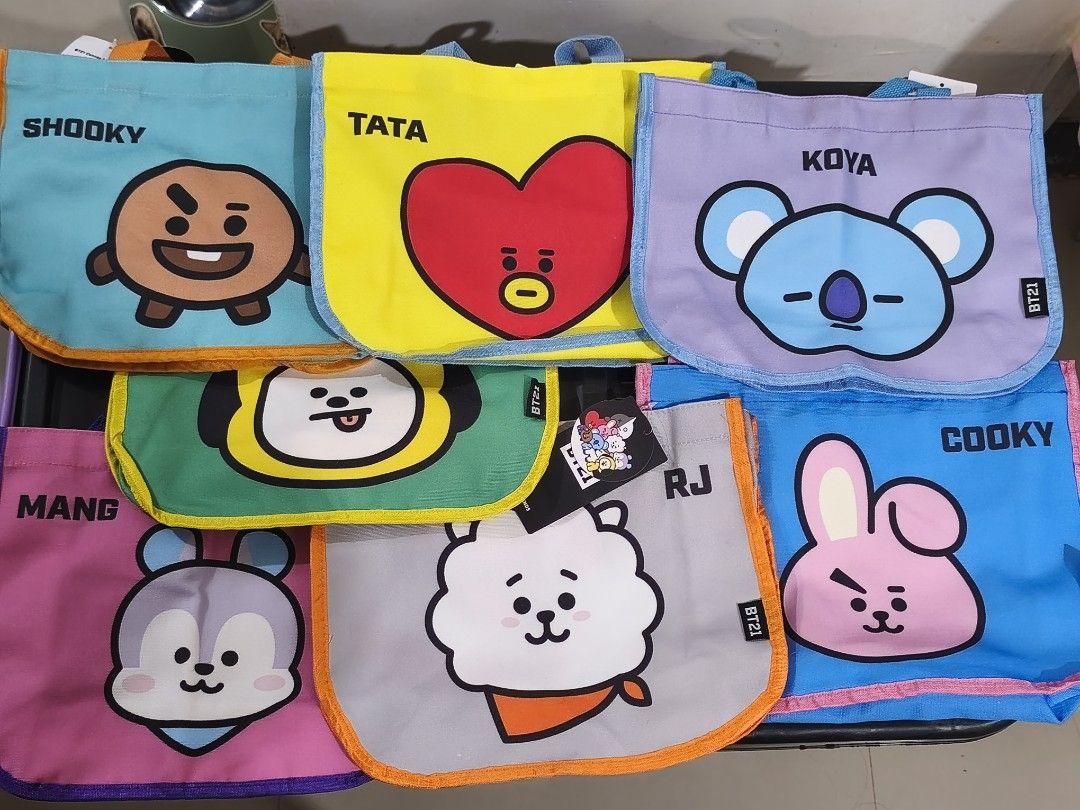 BT21 Tote bag with sling (Category: Tote Bags) located in Manila. Submitted by abubotph (Listing ID 1470605731, Image 1). Description: Available: all characters Koya, RJ, Shooky, Mang, Chimmy, Tata, Cooky P200 only With detachable sling.