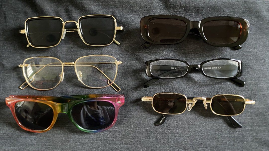 [BUNDLE] Assorted Fashion Sunnies and Eyewear Frames (Category: Sunglasses & Eyewear) located in Cainta. Submitted by stuff_4_sale_dump (Listing ID 1470623723, Image 1). Description: a set of 6 eyewear pieces 4 pcs sun protection lenses 2 pcs prescription-ready frames classic, vintage, retro, modern slim frames.