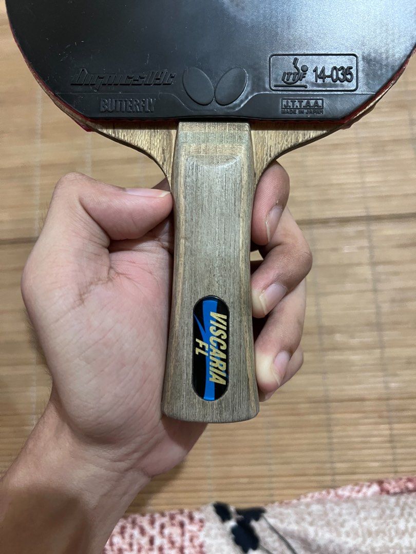 Butterfly Viscaria FL Table Tennis Bat (Category: Racket and Ball Sports) located in Manila. Submitted by leiluvsu (Listing ID 1470623165, Image 3). Description: dm for more info! - Blade: Butterfly Viscaria (FL / Flared handle) - Red Rubber: Joola Rhyzen GR - Black Rubber: Butterfly Dignics 09C - Condition: used but not abused. signs of use from regular play, high-performance setup ready for matches mop : gcash / bpi mod : jnt / lbc .