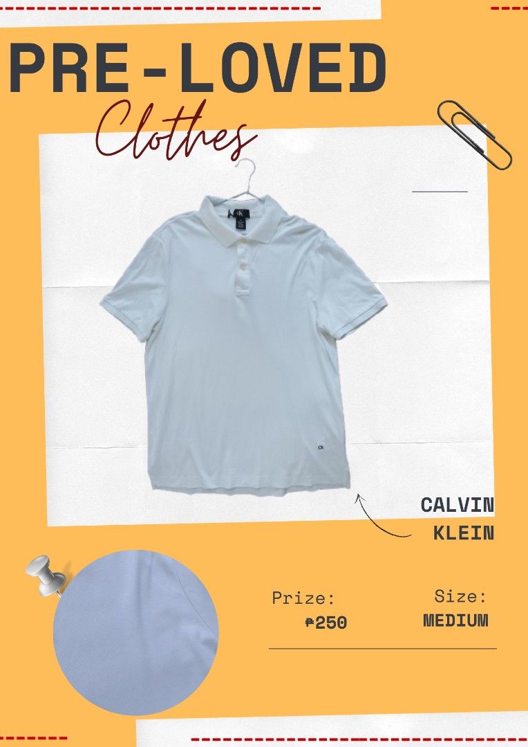 Calvin Klein White Polo Shirt (Category: Tshirts & Polo Shirts ) located in Manila. Submitted by andwiyaa (Listing ID 1470559271, Image 1). Description: - Brand: Calvin Klein - Size: Medium (Regular fit) - Color: Classic White - Details: Polo collar with front buttons, short sleeves, embroidered CK logo near hem - Material: Lightweight and breathable fabric - Condition: Brand new / Excellent - Perfect for: Casual days, easy to match with jeans or