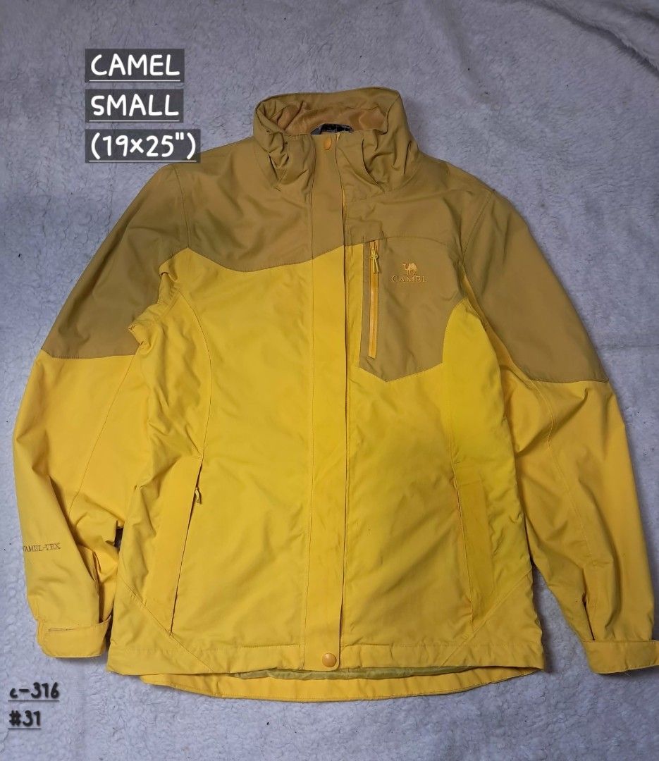 Camel outdoor rain jacket (Category: Coats, Jackets and Outerwear) located in Baguio. Submitted by mishmashfritz (Listing ID 1470666529, Image 1). Description: excellent used condition, thrifted, needs wash, light stain sa sleeves, waterproof, breathable jacket, adjustable hood.