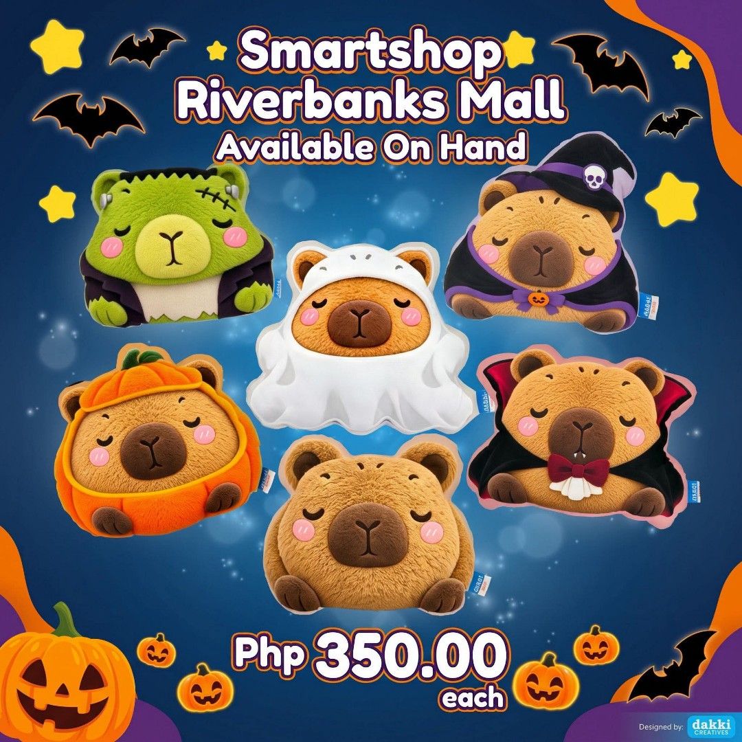 Capybara Spooky Shape Pillows (Category: Other Babies Going Out Needs) located in Marikina City. Submitted by smartshop.ph (Listing ID 1470580267, Image 1). Description: Long travel this Undas? GRAB YOUR FAVORITE CAPYBARA SHAPE PILLOWS SPOOKY COLLECTION ! Smartshop 📍RIVERBANKS MALL Fernlane, front of Cebuana near SaveMore 10AM to 9 PM #CapybaraPillow #CapybaraPH #capybaraloversph #CapybaraCollection #riverbankscentermarikina #RiverbanksCenter #H