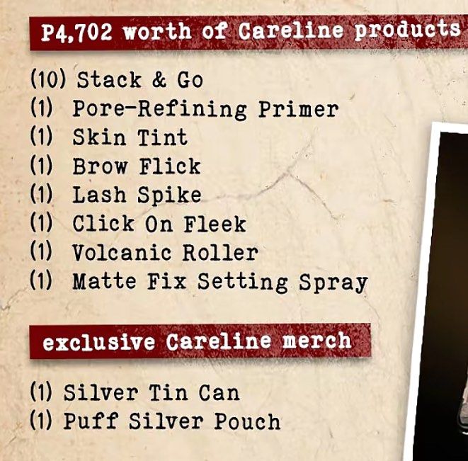 Careline Limited Bundle 19pcs (Category: Makeup) located in Quezon City. Submitted by Solanawear (Listing ID 1470574138, Image 2). Description: - Limited edition Careline makeup bundle (Total worth over ₱4,700) - 100% Brand new and unused - Includes -10 Stack & Go items -pore-refining primer -skin tint -brow flick -lash spike -click on fleek -volcanic roller, -matte fix setting spray - Comes with a stylish silver tin can and a matching fluffy sil