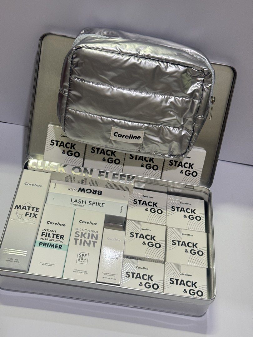 Careline Limited Bundle 19pcs (Category: Makeup) located in Quezon City. Submitted by Solanawear (Listing ID 1470574138, Image 1). Description: - Limited edition Careline makeup bundle (Total worth over ₱4,700) - 100% Brand new and unused - Includes -10 Stack & Go items -pore-refining primer -skin tint -brow flick -lash spike -click on fleek -volcanic roller, -matte fix setting spray - Comes with a stylish silver tin can and a matching fluffy sil