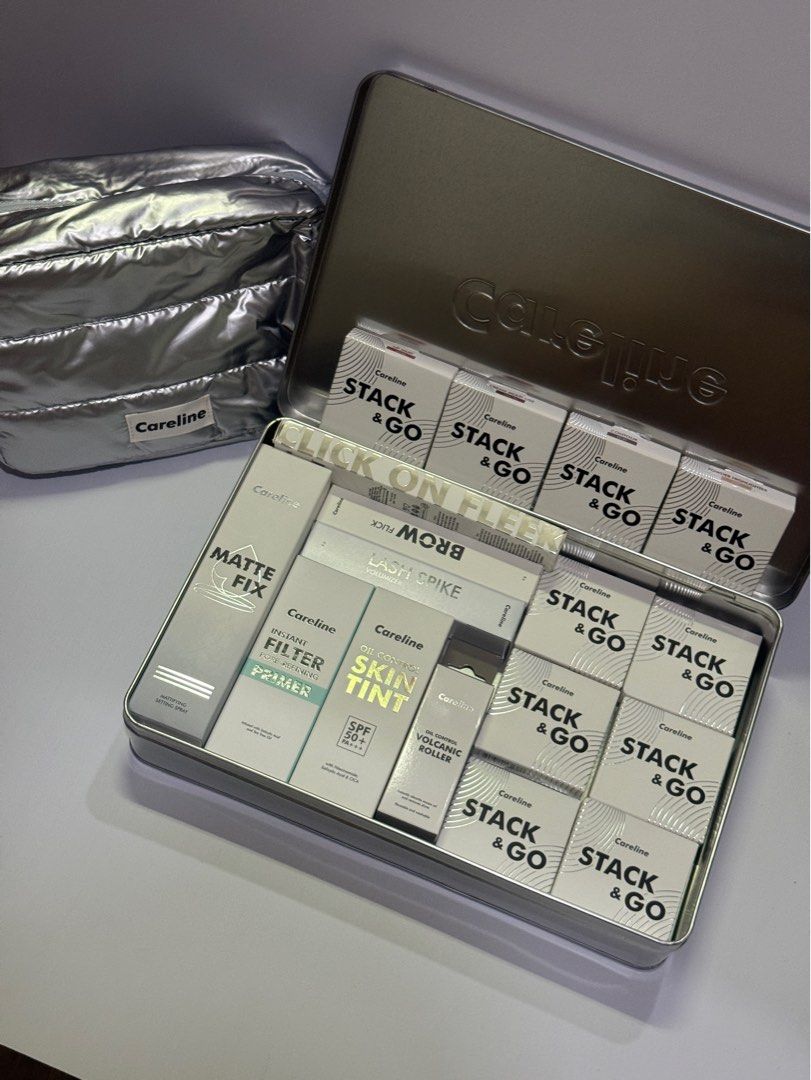 Careline Limited Bundle 19pcs (Category: Makeup) located in Quezon City. Submitted by Solanawear (Listing ID 1470574138, Image 3). Description: - Limited edition Careline makeup bundle (Total worth over ₱4,700) - 100% Brand new and unused - Includes -10 Stack & Go items -pore-refining primer -skin tint -brow flick -lash spike -click on fleek -volcanic roller, -matte fix setting spray - Comes with a stylish silver tin can and a matching fluffy sil