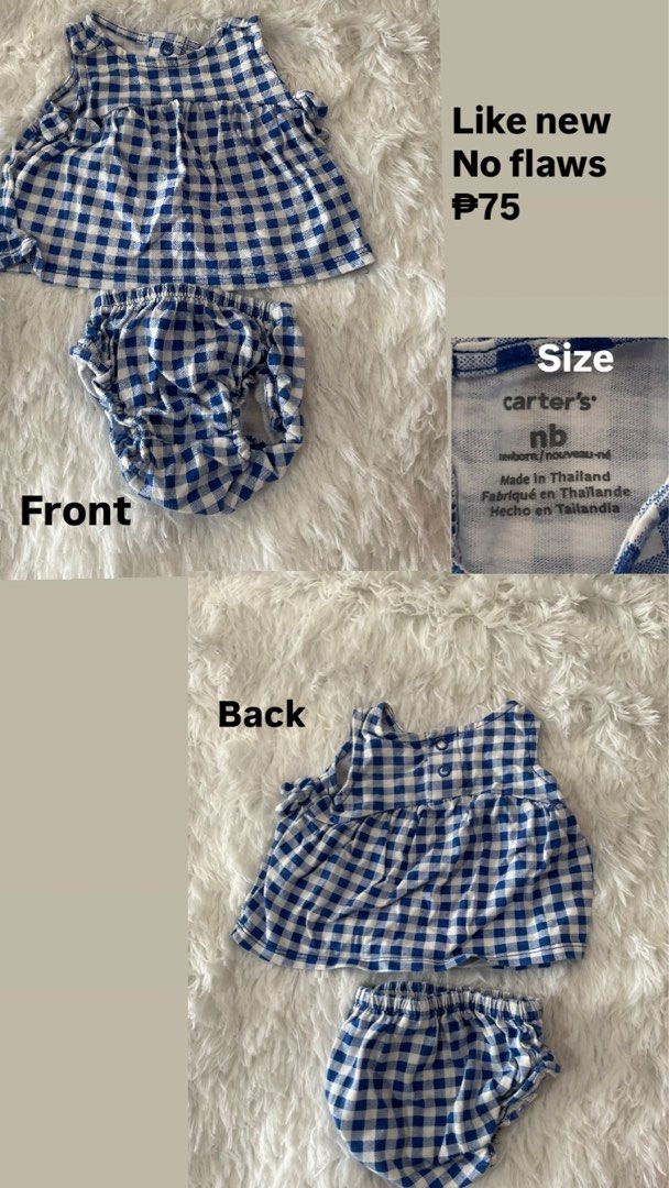 Carter's Blue Gingham Top and Bloomers Set NB (Category: Babies & Kids Fashion) located in Cainta. Submitted by linelle. (Listing ID 1470654288, Image 1). Description: - Brand: Carter's - Set: Sleeveless ruffled top and matching bloomers - Color/Pattern: Blue and white gingham - Material: Super soft cotton - Size: Newborn - Details: Back button closure on top, elastic waistband on bloomers for easy dressing - Origin: Made in Thailand.