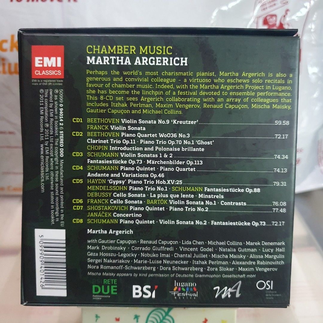[CD] Martha Argerich Edition Chamber Music 8CD EMI Classics (Category: CDs & DVDs) located in Quezon City. Submitted by collectionneursonline88 (Listing ID 1470567147, Image 3). Description: - Artist/Label: Martha Argerich Edition (EMI Classics) - Format: 8 CDs with 8 individual booklets - Collaborations: Itzhak Perlman, Maxim Vengero, Renaud Capuçon, and Michael Collins - Repertoire: Beethoven, Chopin, Schumann, Mendelssohn, Debussy, Shostakovic