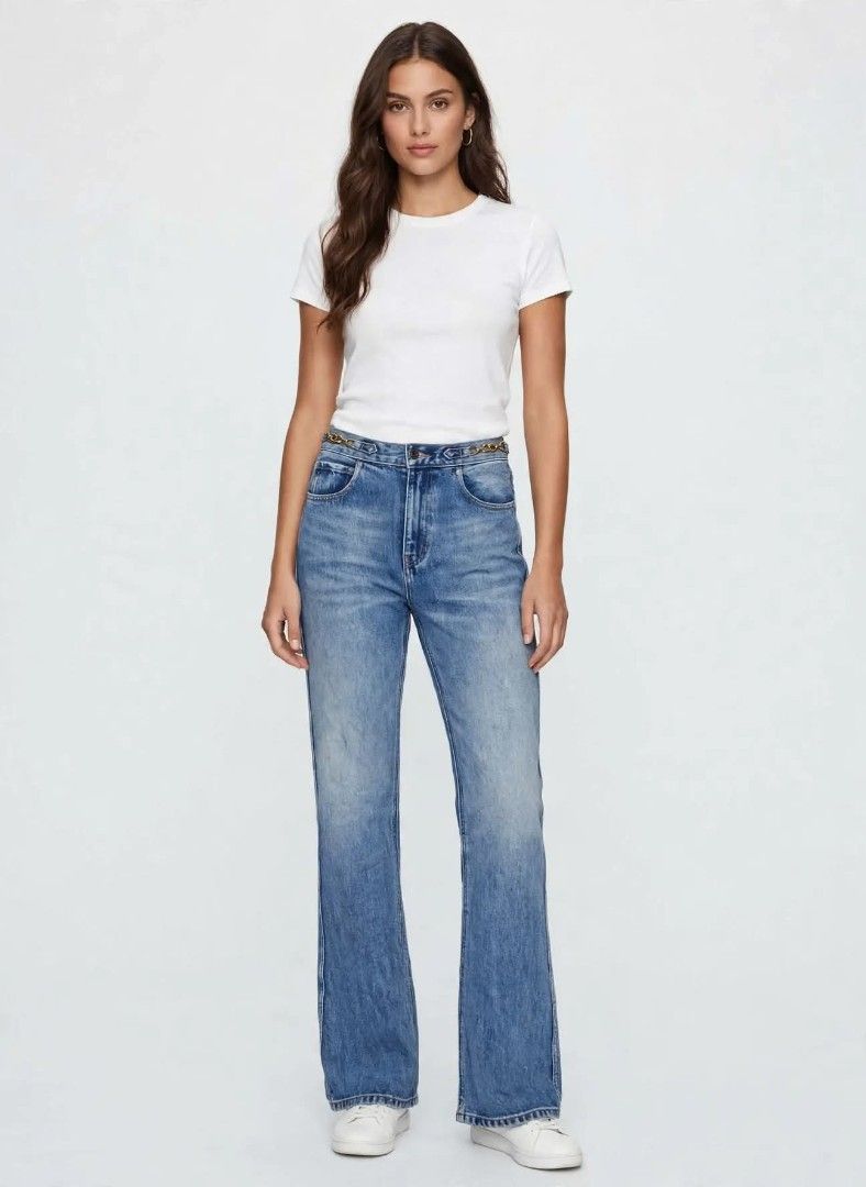 Celine Dylan Flared Denim Jeans Made in Japan (Category: Jeans) located in Calabanga. Submitted by youngbroke_7 (Listing ID 1470663148, Image 1). Description: - Brand: Celine - Origin: Made in Japan (LVMH Fashion Group Japan tagged) - Material: 100% cotton with a vintage washed finish - Fit: High-waisted, straight leg cut - Details: Chic gold-tone chain waist accent - Hardware: Premium Talon 45 zipper - Condition: Excellent buyer-ready piece.