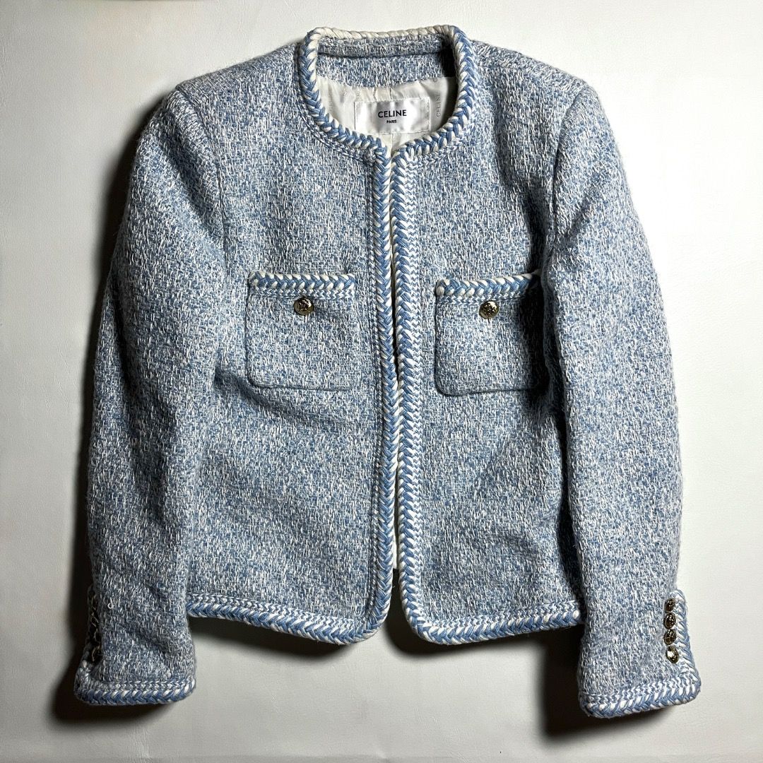 Celine Paris Glacier Blue Tweed Jacket Size 38 (Category: Coats, Jackets and Outerwear) located in Caloocan City. Submitted by achilles_grails (Listing ID 1470728236, Image 1). Description: - Brand: Celine - Style: Tweed jacket with round collar and braided trim - Color: Light blue and white - Size: 38 (Medium) - Details: Front patch pockets with gold buttons, premium white monogram lining - Condition: Clean and well-maintained.