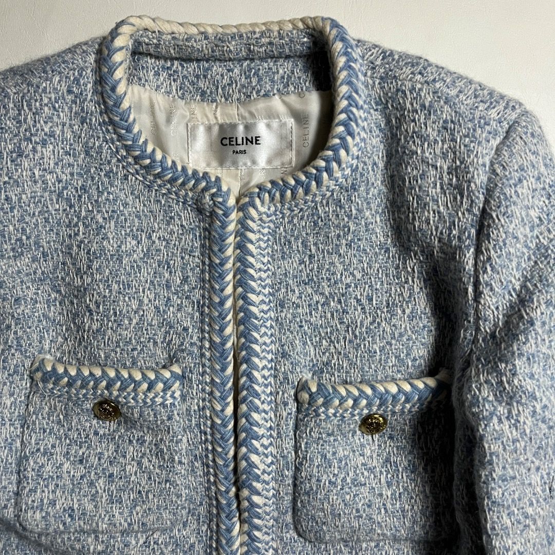 Celine Paris Glacier Blue Tweed Jacket Size 38 (Category: Coats, Jackets and Outerwear) located in Caloocan City. Submitted by achilles_grails (Listing ID 1470728236, Image 2). Description: - Brand: Celine - Style: Tweed jacket with round collar and braided trim - Color: Light blue and white - Size: 38 (Medium) - Details: Front patch pockets with gold buttons, premium white monogram lining - Condition: Clean and well-maintained.