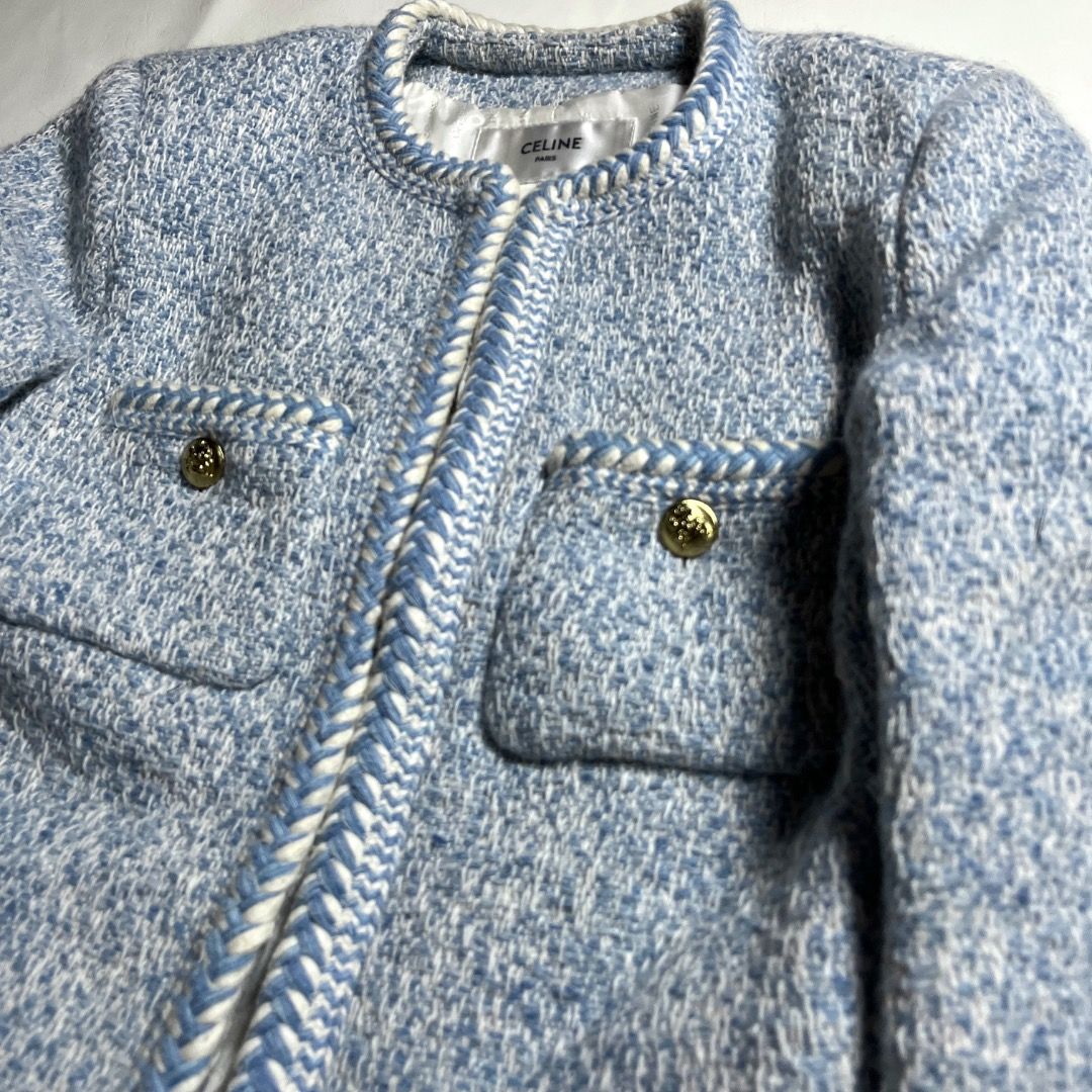 Celine Paris Glacier Blue Tweed Jacket Size 38 (Category: Coats, Jackets and Outerwear) located in Caloocan City. Submitted by achilles_grails (Listing ID 1470728236, Image 3). Description: - Brand: Celine - Style: Tweed jacket with round collar and braided trim - Color: Light blue and white - Size: 38 (Medium) - Details: Front patch pockets with gold buttons, premium white monogram lining - Condition: Clean and well-maintained.