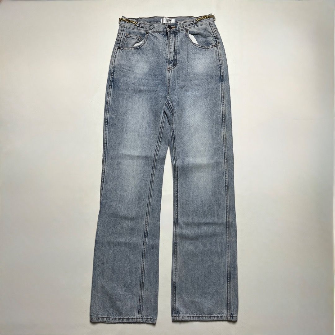Celine Paris Light Wash Denim Jeans (Category: Jeans) located in Caloocan City. Submitted by achilles_grails (Listing ID 1470574769, Image 2). Description: - Brand: Celine Paris - Material: 100% Cotton, Made in Italy - Color/Wash: Light blue, clean vintage wash - Fit: Mid-rise, straight leg - Details: Built-in gold chain on waistband loop, branded bronze-tone button closure - Pockets: Classic five-pocket design - Care: Hand wash cold only - Condi