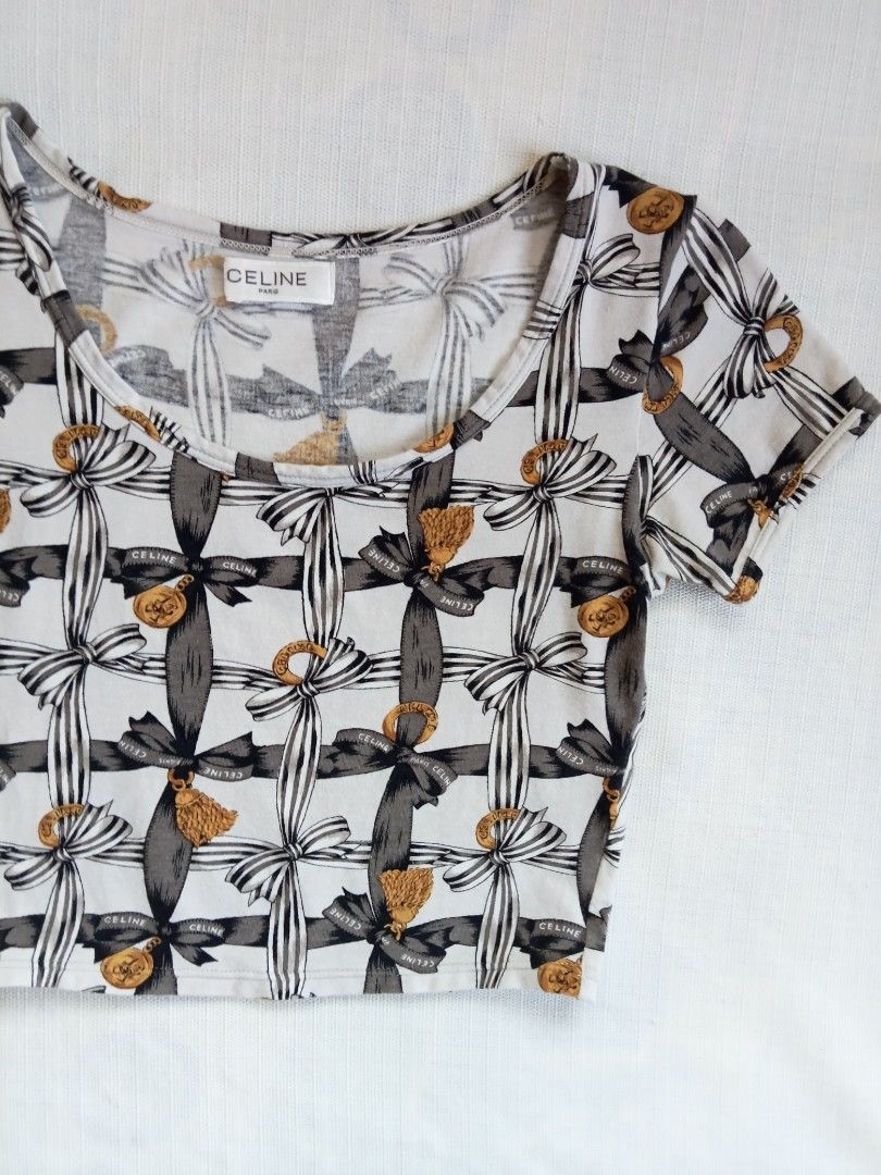Celine Paris Ribbon Pattern Crop Top (Category: Shirts) located in Bagabag. Submitted by thrift_stories96 (Listing ID 1470703489, Image 3). Description: Celine Paris Ribbon Pattern Crop Top Xsmall to small frame Length - 13.5 Width - 13 stretch up to 16 Condition - excellent No flaw.