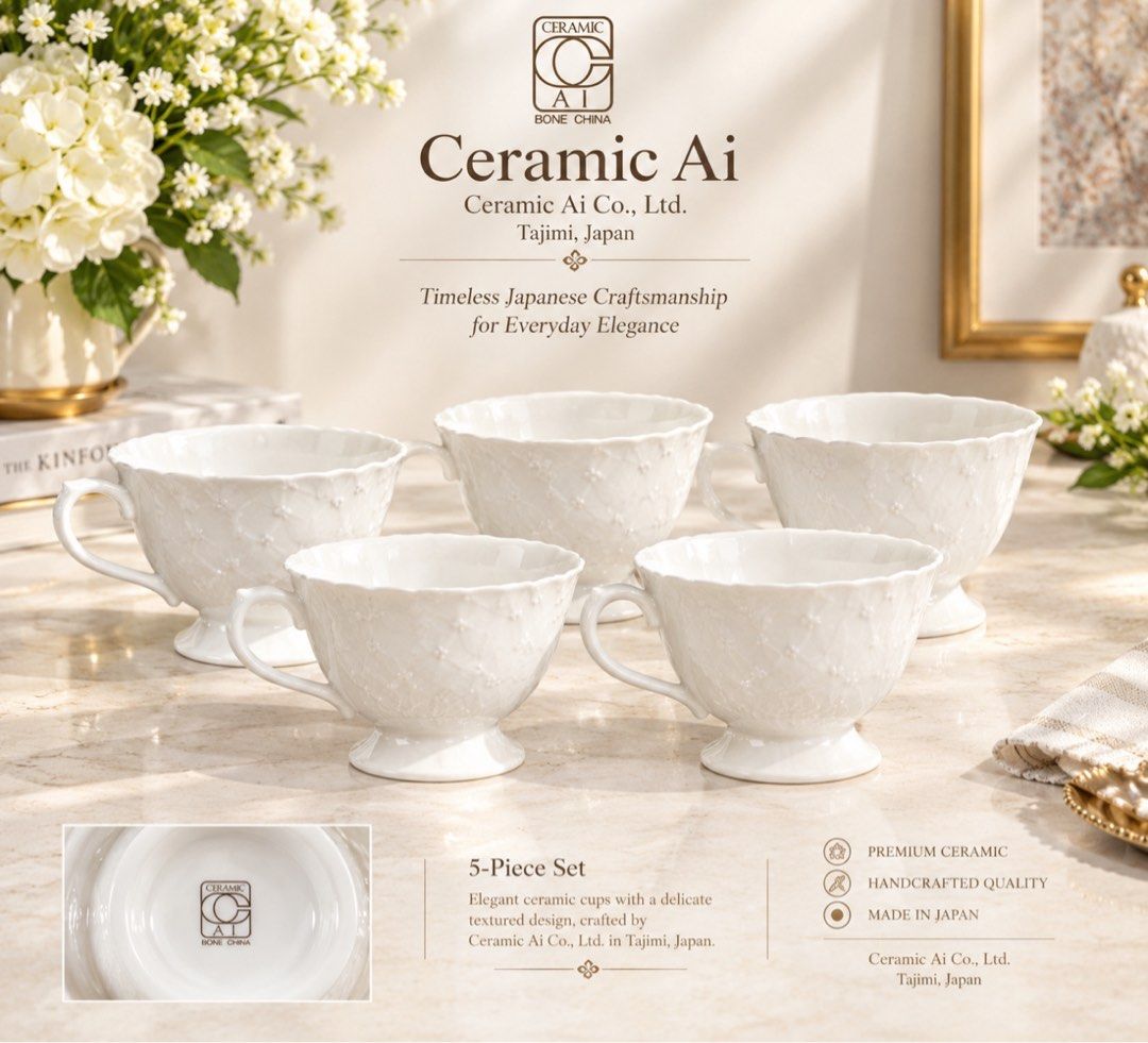 Ceramic Ai Bone China 5-Piece Cup Set (Category: Coffee & Tea Tableware) located in Masinloc. Submitted by kristineba02273 (Listing ID 1470681262, Image 1). Description: - Authentic Ceramic Ai bone china set imported from Tajimi, Japan - Includes 5 matching pieces with an elegant white finish - Features a stylish textured pattern and a sophisticated footed base design - Premium handcrafted quality perfect for everyday dining or special occasions 