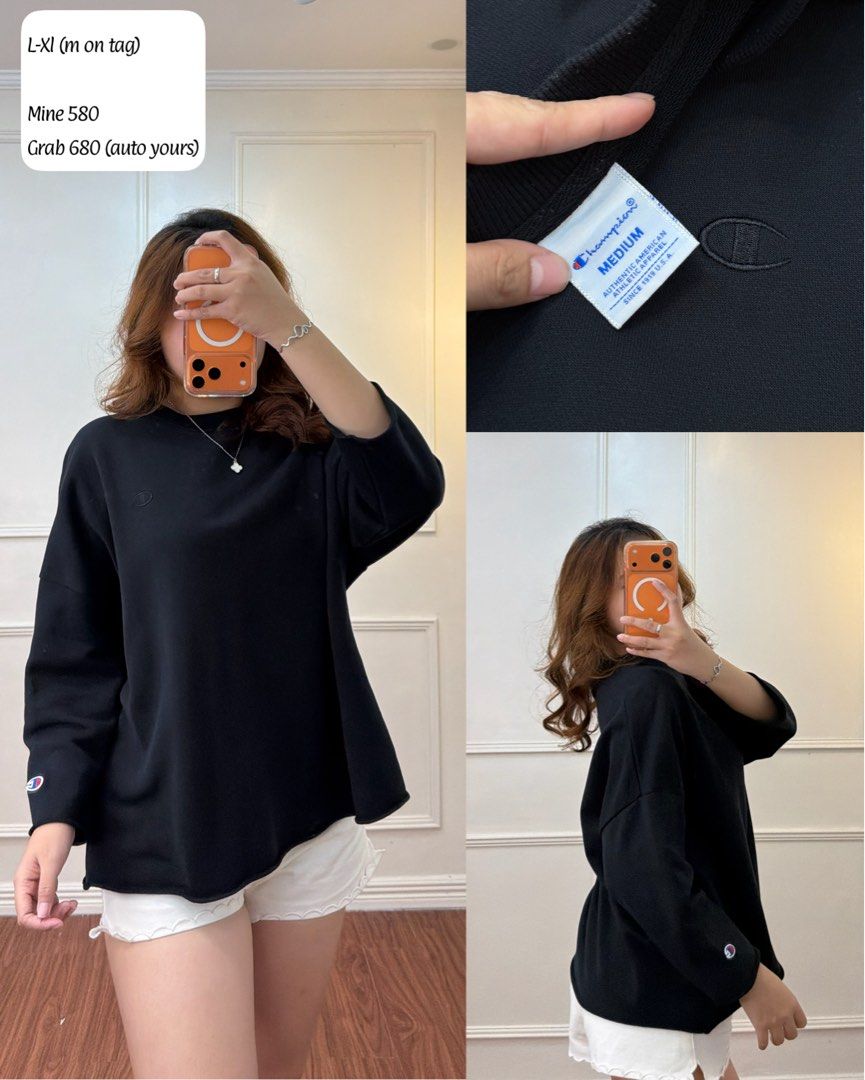 Champion Black Oversized Sweatshirt (Category: Coats, Jackets and Outerwear) located in Manila. Submitted by angelll0123 (Listing ID 1470706332, Image 1). Description: - Brand: Champion - Color: Solid black - Size: Tagged Medium (fits like L to XL due to oversized cut) - Design: Subtle embroidered logo on chest and signature cuff patch - Fit: Comfortable relaxed fit with drop shoulders - Style: Great everyday casual piece.