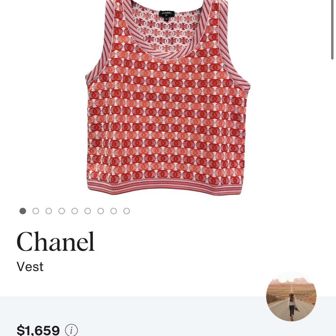 💫Chanel All Over Print Vest Top (Category: Others Tops) located in Manila. Submitted by yourdaily_obsessions (Listing ID 1470668569, Image 3). Description: Item: Chanel •Size 38 on tag •Measurements: 16.5x18” •Comple tags with hangtag.✨ •Hq fabric 10/10. must have!❤️ - Notes before making an offer❗️ •Photos are provided for self authentication. •Bogus/irresponsible buyer auto blocked •Check details first, to see minimal flaw/issue if any. •Payme