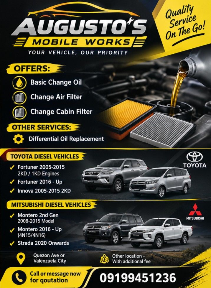 CHANGE OIL SERVICES (Category: Other Automotive Parts and Accessories) located in Valenzuela. Submitted by colossusonlineph (Listing ID 1470679136, Image 3). Description: Need a change oil? Skip the shop lines! 🚗💨 Augusto's Mobile Work brings professional oil change services straight to your home or office. Fast, easy, and hassle-free. Message us today to book your slot! (Note: Price may vary).